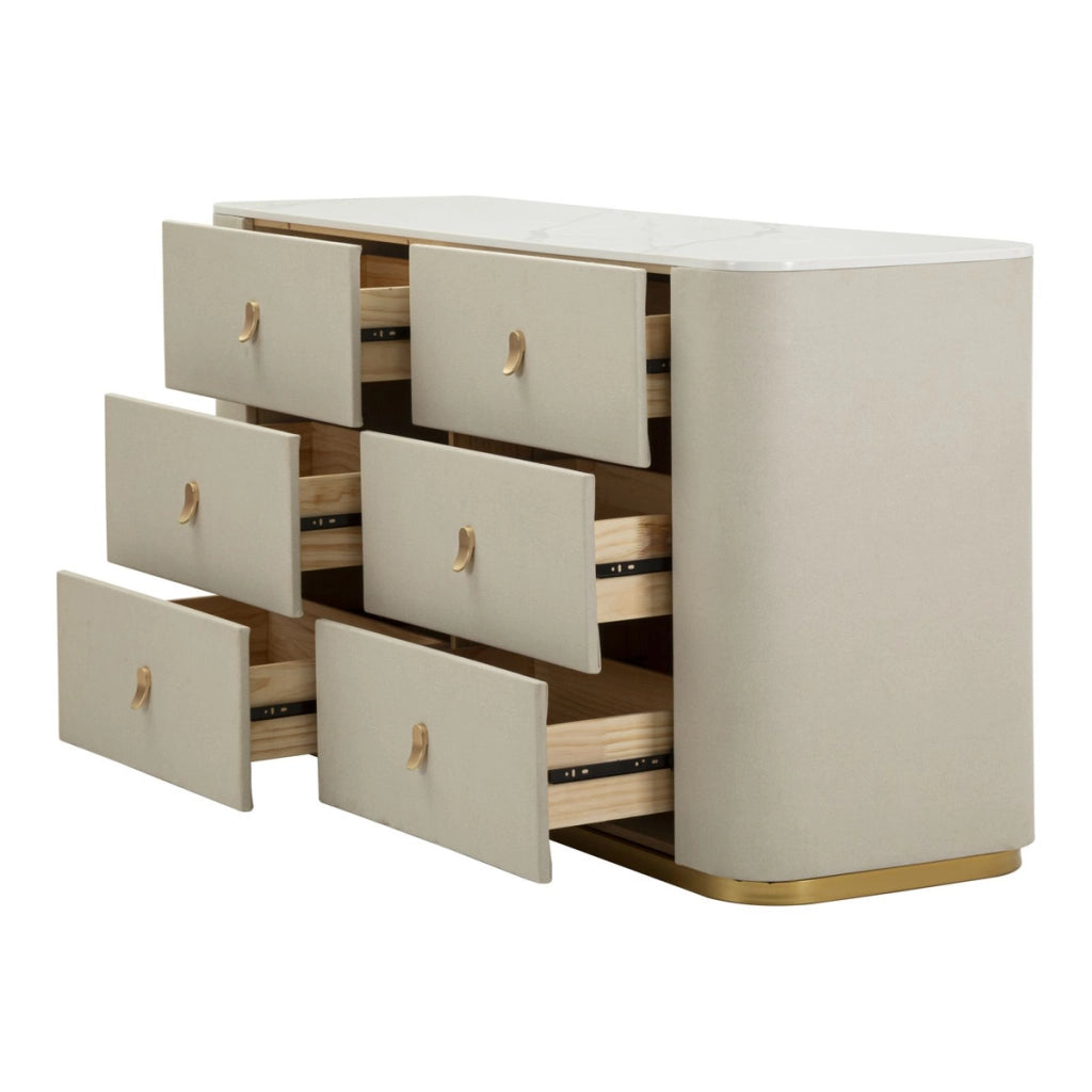 Como' Beauty 6 cassetti in legno crema e metallo dorato