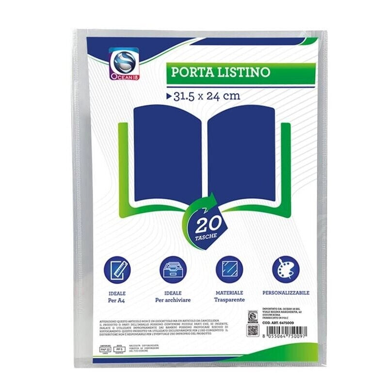 MAURY'S PORTA LISTINO CON 20 TASCHE 31,5 X 24 CM TRASPARENTE PERSONALIZZABILE
