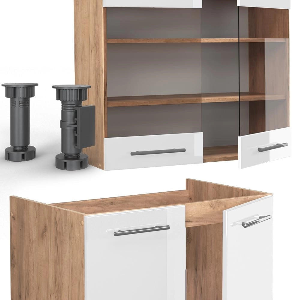Cucina componibile Fame-Line, Bianco lucido/oro power oak, 235 cm senza piano di lavoro, per l'espansione personalizzata con moduli compatibili