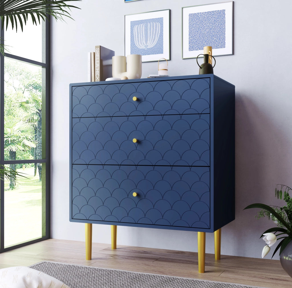 Cassettiera a 3 cassetti in legno e metallo; blu navy; 75 x 40 x 89 cm