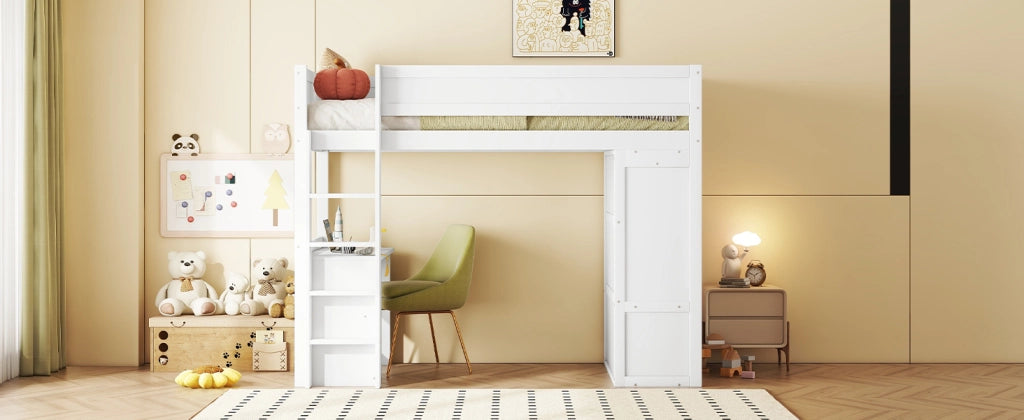 DESMIU Letto a soppalco bambino 90 × 200 cm con scrivania, armadio e 2 cassetti, senza materasso, in pino e MDF, bianco