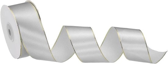 Cadeaulint 23 metri - Lint grosgrano con bordi dorati - Lint di stoffa grosgrano per confezioni di regalo, bouquet di nozze - Color argento