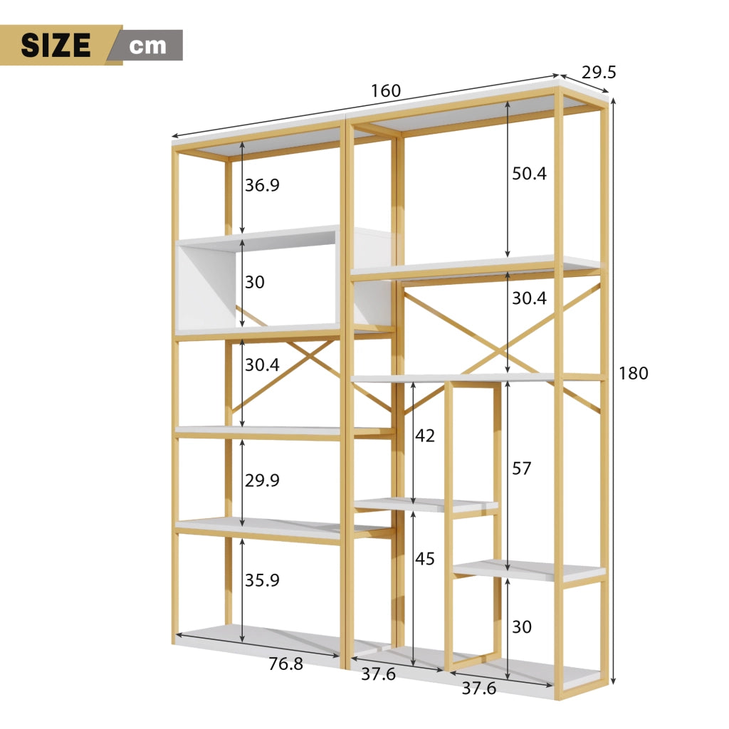 Libreria moderna 160 x 29,5 x 180 cm in MDF e metallo, struttura rettangolare stabile, finitura oro e bianco