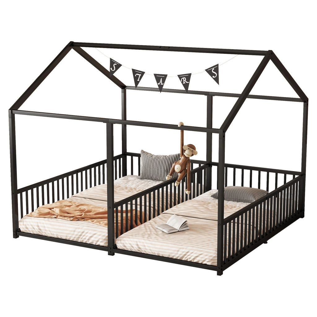Letto a castello in metallo nero con parapetto e scala 90x200 cm