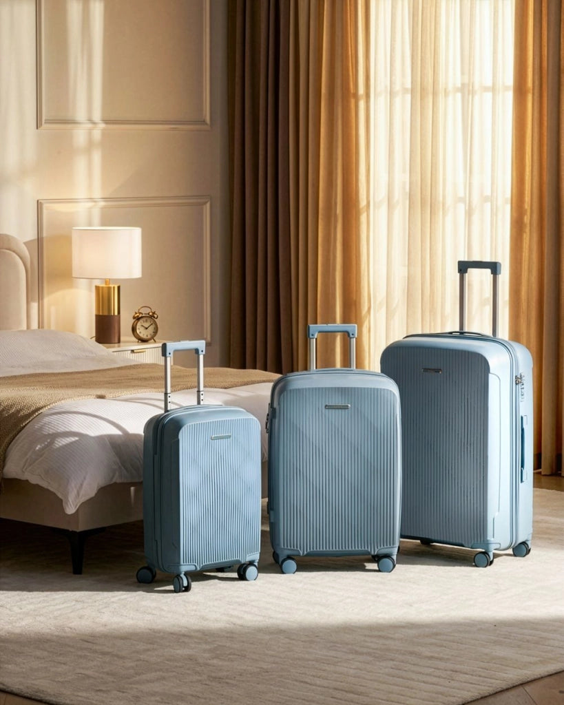 Set di 3 valigie rigide blu Materiale sintetico Lucchetto TSA in ferro Ruote silenziose Cerniera antifurto 3 misure stile Moderno