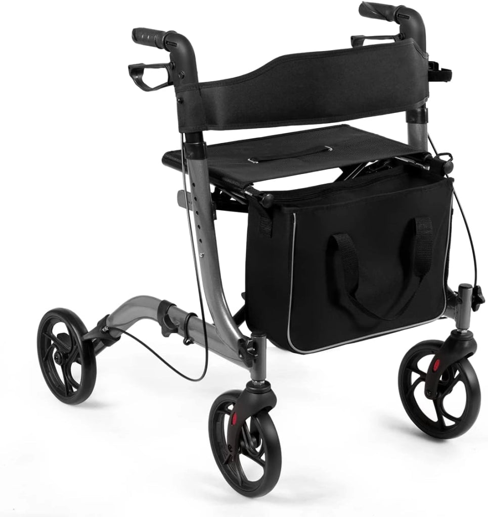 Deambulatore Pieghevole per Anziani Ultraleggero, con Sedile Borsa da Spesa e 4 Ruote Freno a Mano, Rollator Altezza Regolabile, Capacità 136kg, Lega di Alluminio, Nero (Blu)