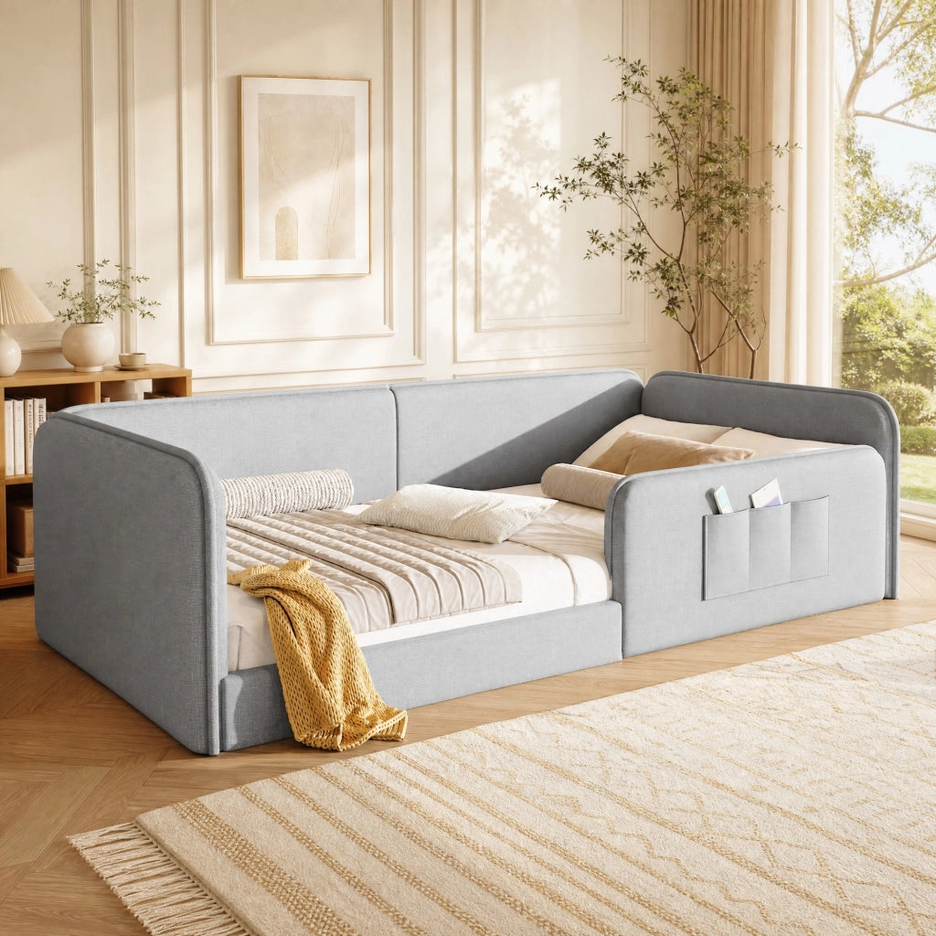 Letto Singolo 90x200 cm con Tasche laterali e Protezione perimetrale; in Lino; Grigio