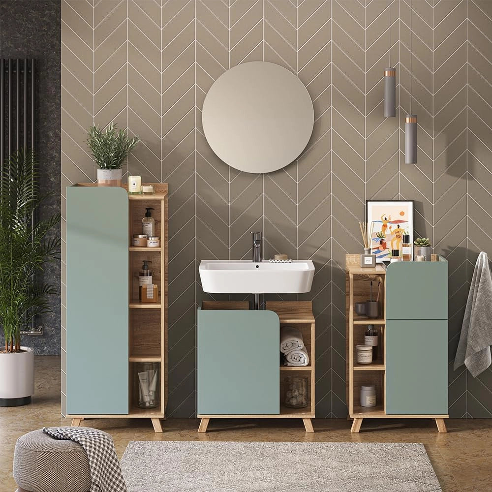 Set di mobili da bagno Karen, Sonoma/blu, 60 cm, composto da mobile lavabo, pensile a specchio, colonna e base media