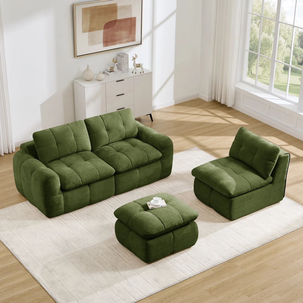 Divano angolare modulare a L 3 posti in ciniglia con cuscini ergonomici senza montaggio verde 264 × 160 × 68 cm