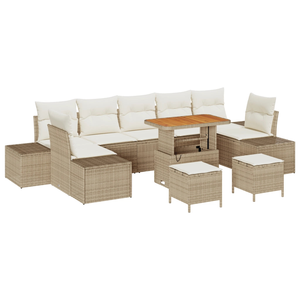 Set Divano da Giardino a 10 Pezzi con Cuscini Beige in Rattan Poliestere
