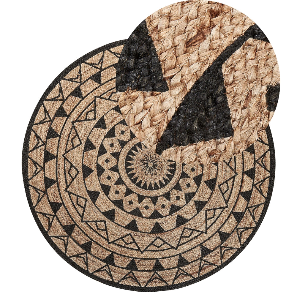 Tappeto tappetino Beige Nero Rotondo 140 cm Boho Rustico Spirale Intrecciata Juta