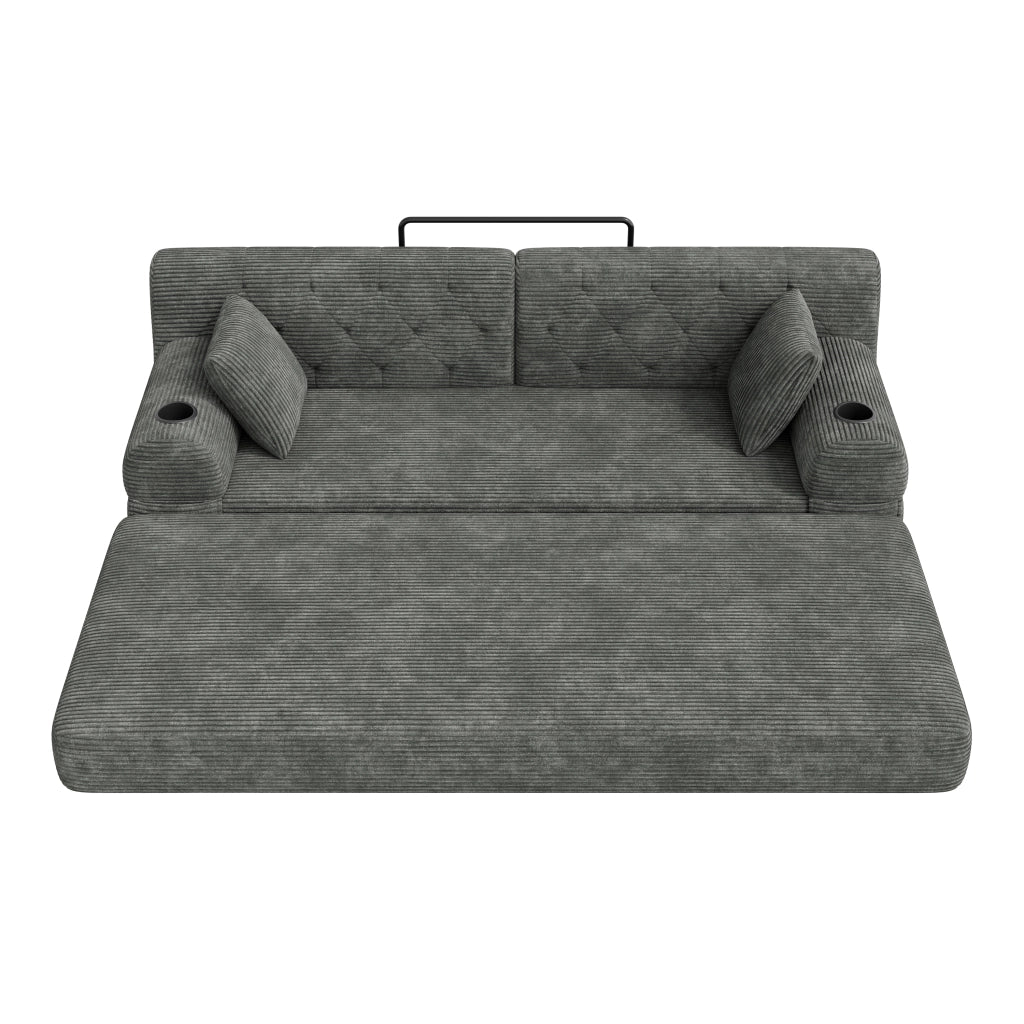 Divano letto a 3 posti con schienale alto, 4 tasche e 2 portabicchieri in tessuto effetto corda grigio scuro