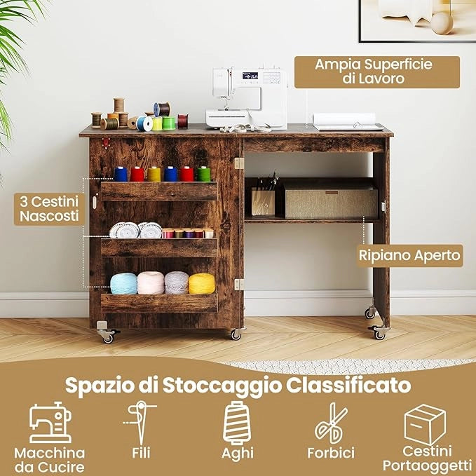 Tavolo da Cucito Pieghevole, Mobile per Macchina da Cucire con Ripiano Portaoggetti, 3 Scomparti Nascosti e Ruote Bloccabili, Mobile Multiuso per Piccoli Spazi (Marrone, 118,5 x 40 x 79,5 cm)
