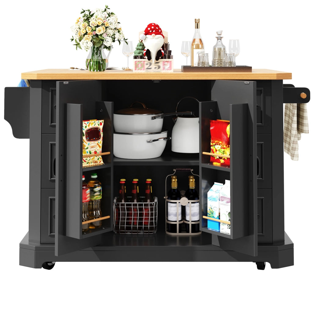Isola da cucina 120x45x91 cm con 2 ante e 6 cassetti su ruote in MDF e metallo nera