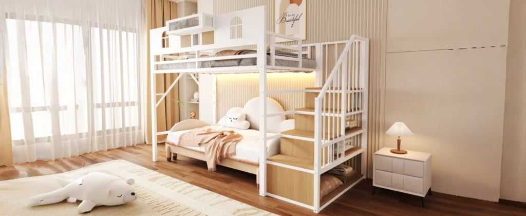 Letto a soppalco in metallo 90x200 cm con scala contenitore, mensola e luci, bianco