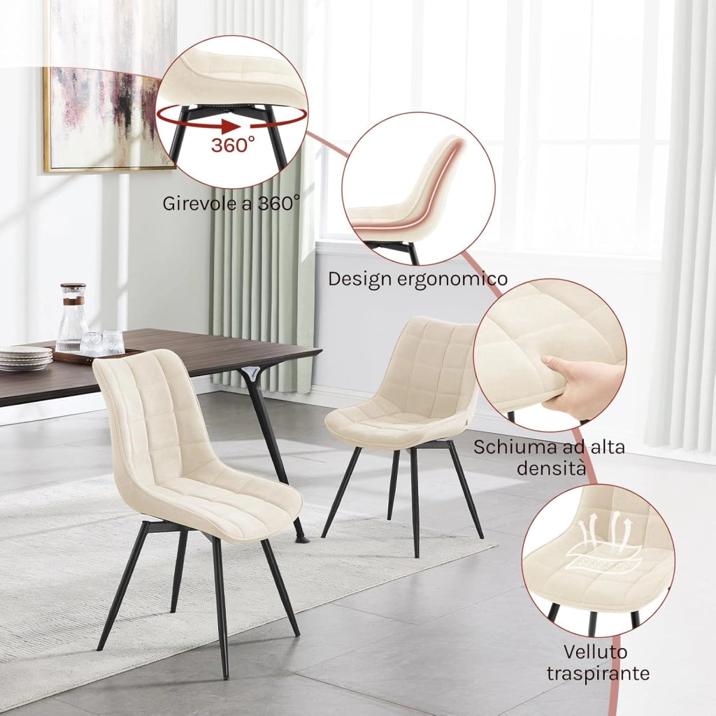 Sedie da Pranzo Girevole Set di 4, Sedie da Cucina, con Sedile Imbottito, Schienale Alto, Gambe in Metallo, Tessuto in Velluto, Beige EZS87be-4