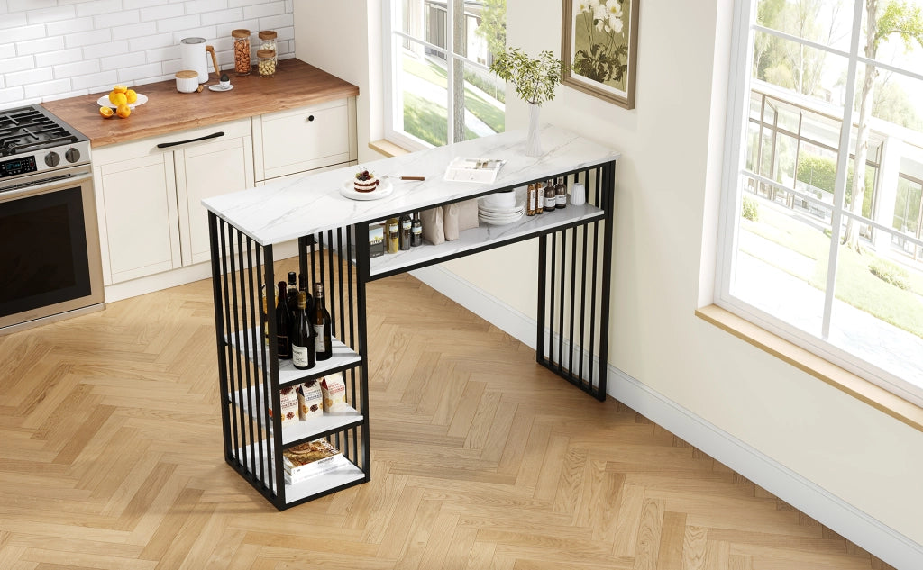 Tavolo da pranzo con 3 ripiani e piano in MDF effetto marmo, in metallo, per cucina, bianco nero, 140 × 40 × 105 cm
