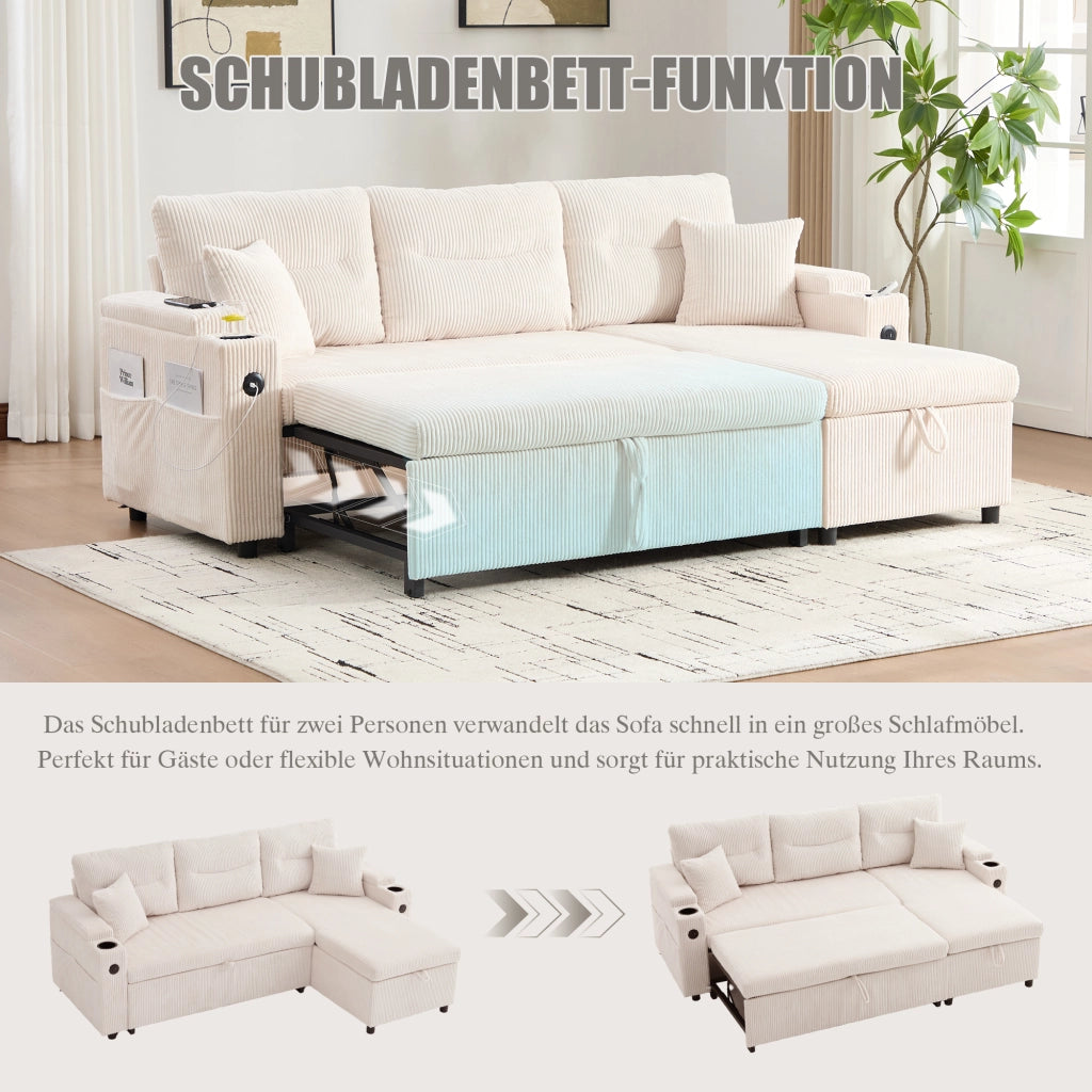Divano modulare convertibile con letto estraibile chaise longue idraulica porta usb tipo c e vano in velluto beige