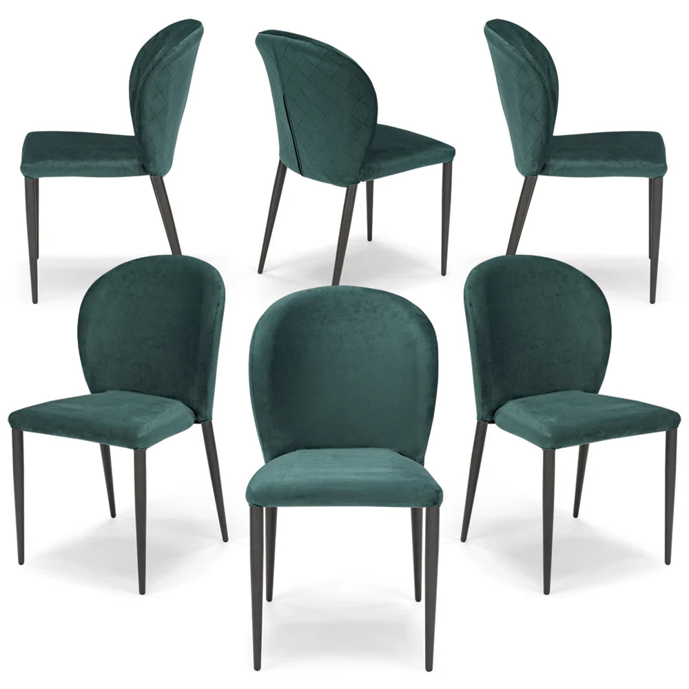 Set 6 sedie da pranzo imbottite in velluto GHIBLI LUX MADE IN ITALY, schienale a poltroncina, gambe robuste in metallo, design moderno, tessuto idrorepellente, colore Verde Petrolio