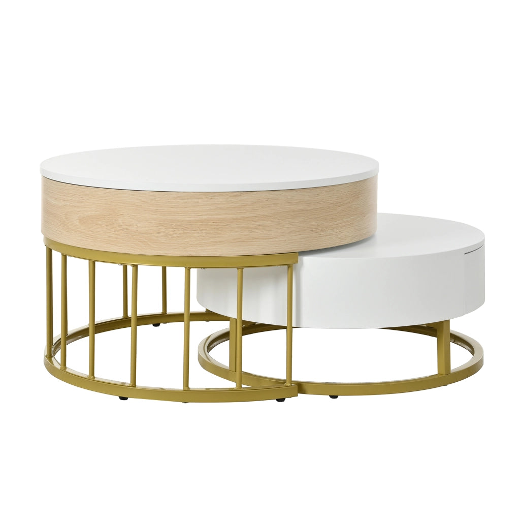 Set di 2 tavolini rotondi a incastro in MDF; piano elevabile; cassetto; bianco e oro