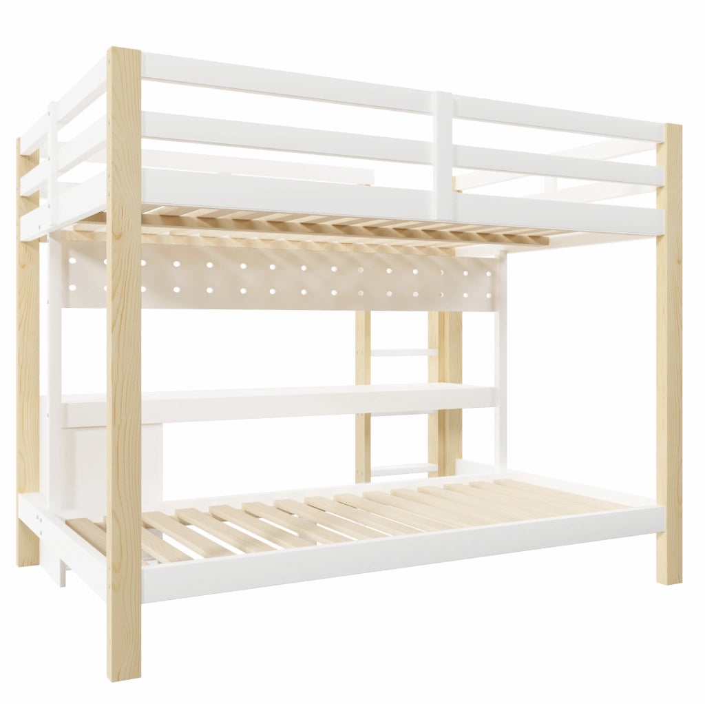 Letto a soppalco 140x200 cm con scrivania; cassetti e LED; in pino bianco e naturale