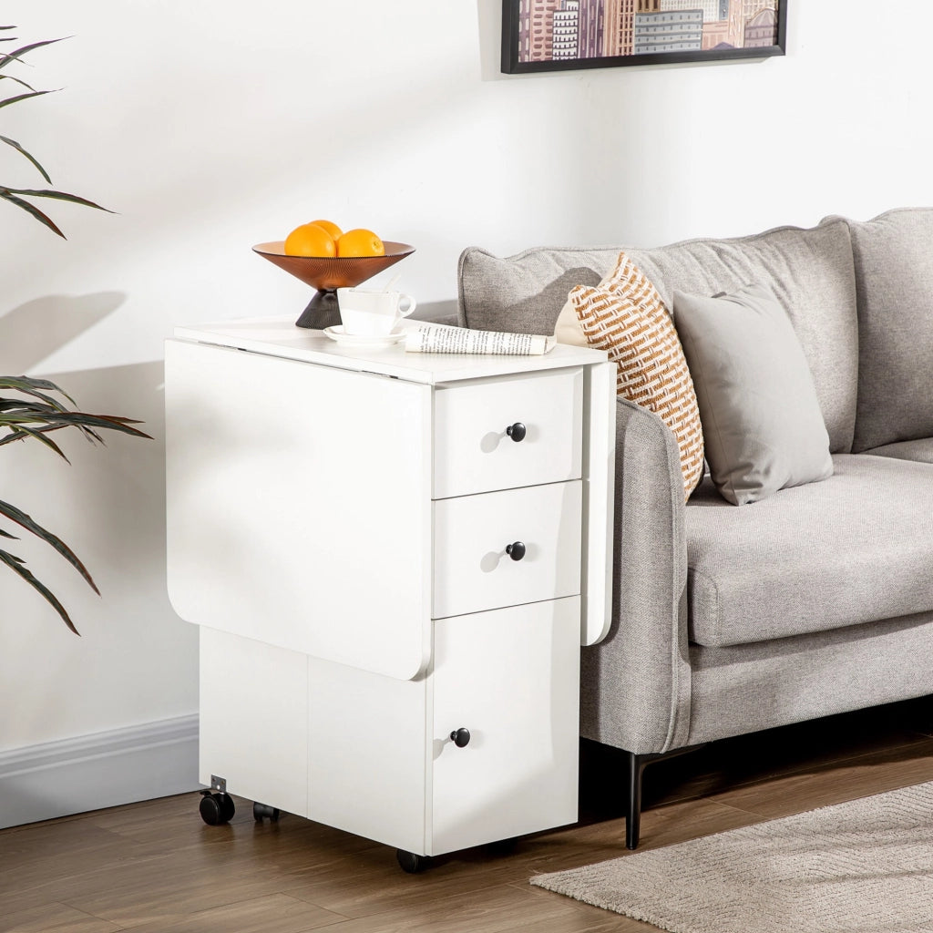 Tavolo a Ribalta per 6 Persone max con 2 Cassetti Armadietto e Ripiano 120x60x76,5 cm in Truciolato Bianco