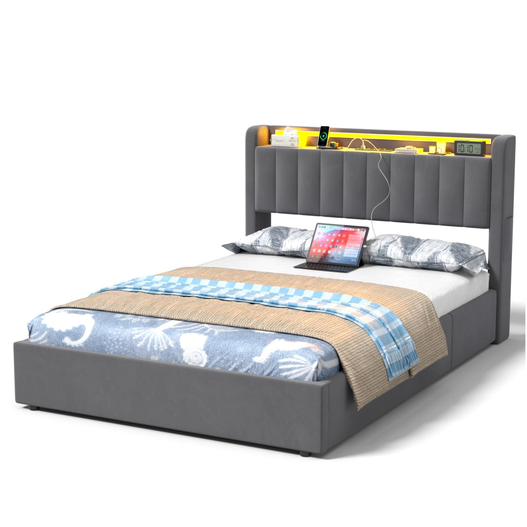 Letto imbottito 140x200 cm in velluto con contenitore, LED e porta USB
