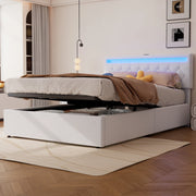 Letto imbottito ULEVR 140x200 cm con contenitore idraulico, LED multicolore, prese USB e USB-C, lino bianco