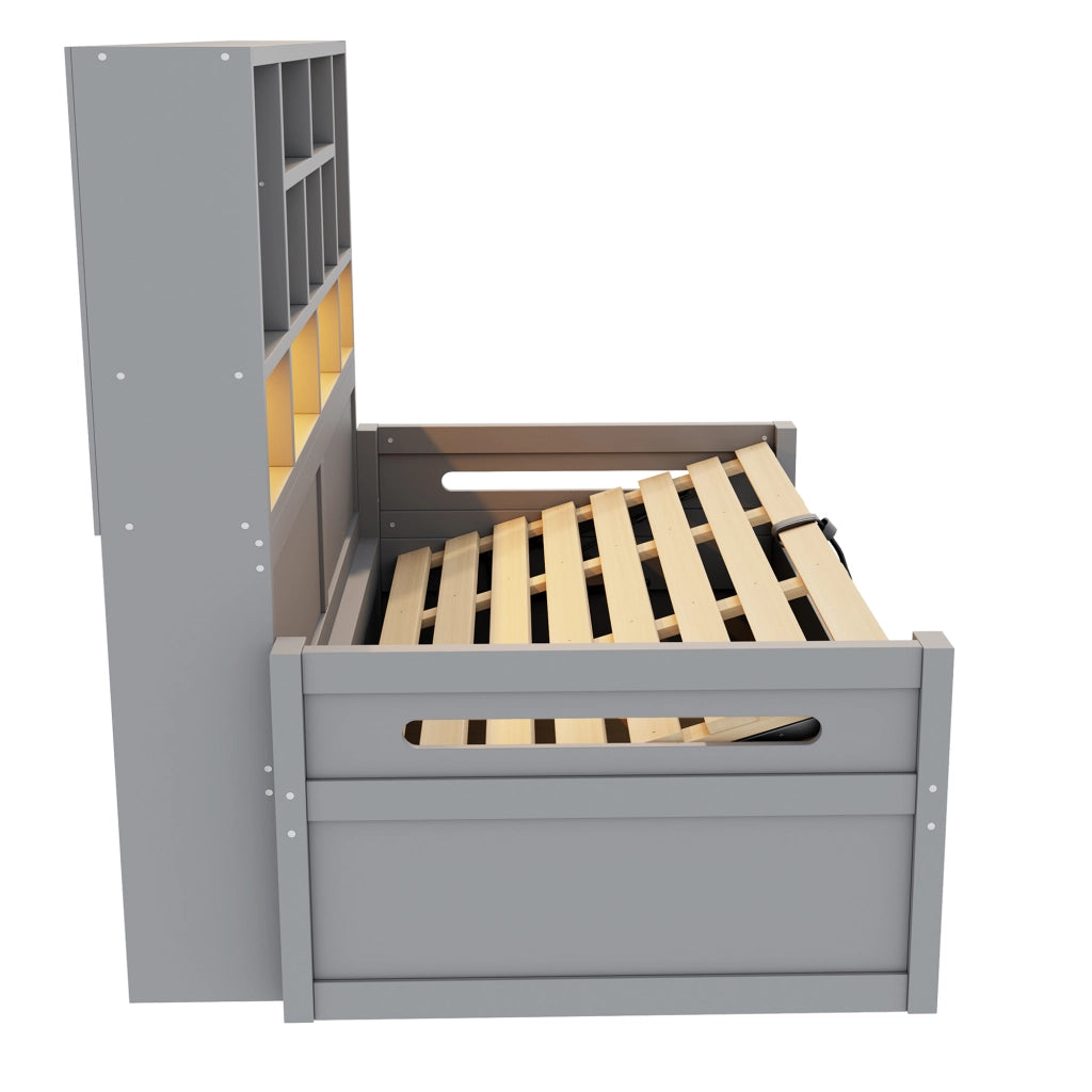 Letto contenitore 90x200 cm con sollevamento idraulico; LED; USB e ripiani portaoggetti; MDF grigio