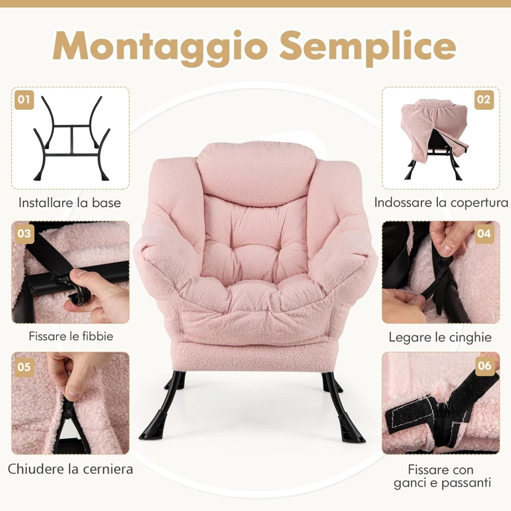 Poltrona Relax, Poltrona da Lettura con Cuscino, Elegante con Schienale e Seduta Imbottiti, Braccioli e Tasca di Stoccaggio, Portata 150 kg (Senza Pouf, Cashmere Rosa)