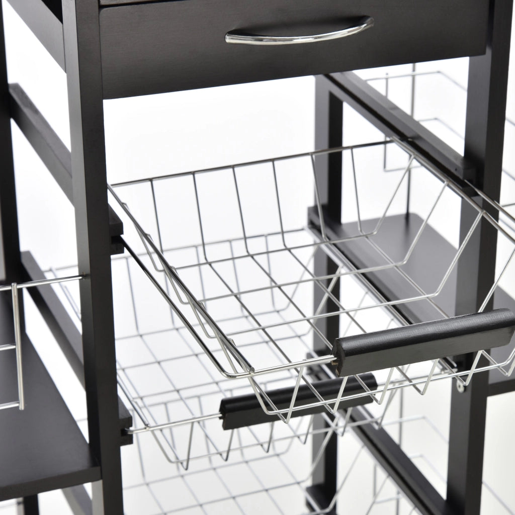 EasyComfort Carrello da Cucina con Cassetto, 4 Cesti di Frutta Estraibili e Piano in Ceramica, Carrello Cucina Salvaspazio con 4 Ripiani Laterali in Legno di Pino e Metallo, 57x37x83 cm, Nero