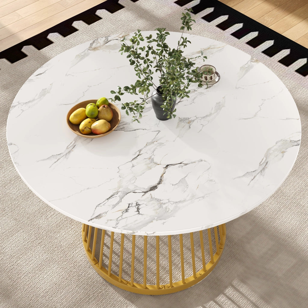 Tavolo da pranzo rotondo con piedini regolabili, per sala da pranzo, in MDF e metallo, bianco e oro, 80 × 80 × 76 cm