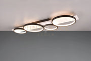MEDERA PLAFONIERA 4 CERCHI METALLO NERO BASE LEGNO BIANCO CON DIMMERAZIONE AD INTERRUTTORE L. 100CM LED  44W 5100lm, 3000K