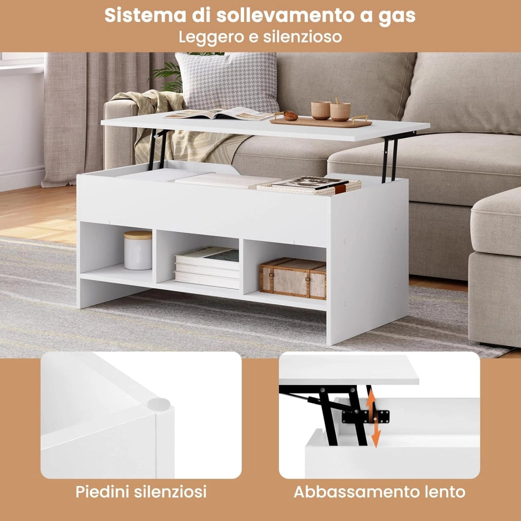 Tavolino da Caffè Sollevabile dall'Alto, tavolino Salotto con 1 Scomparto Nascosto e 3 Scomparti Aperti, 96x51x45cm, in Legno Ingegnerizzato, BTS19ws