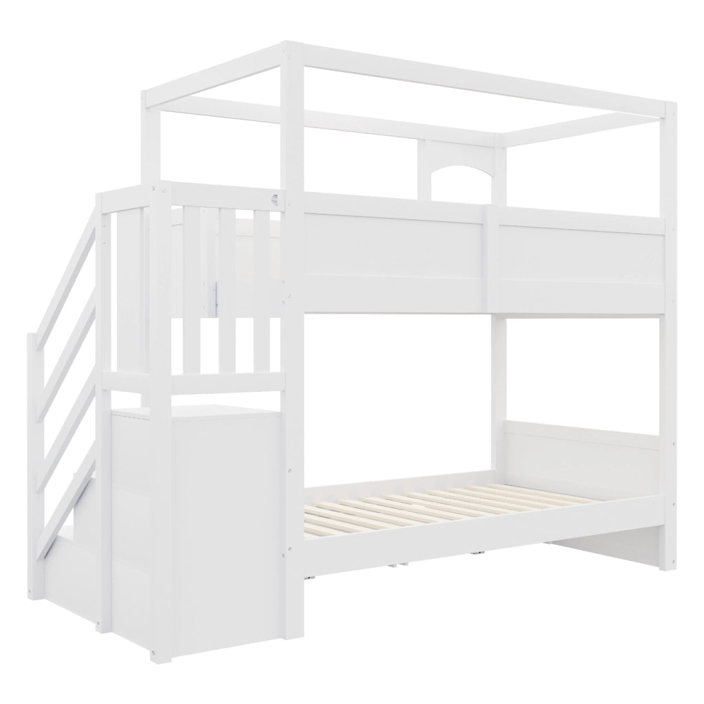 Letto a castello a casetta 90x200 cm con lavagna; 2 cassetti; mensole e scala contenitore; pino e MDF; bianco