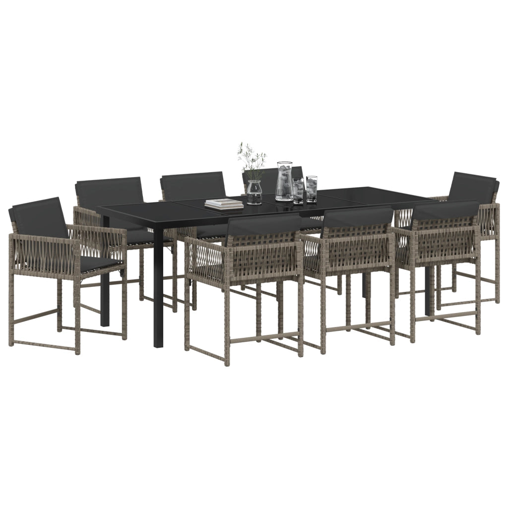 Set da Pranzo da Giardino 9 Pezzi con Cuscini Grigi in Rattan