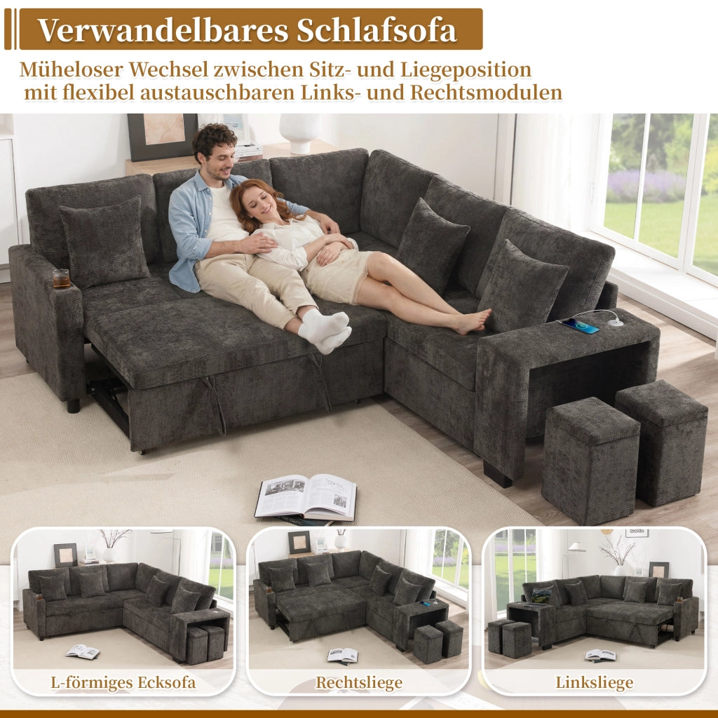 Divano angolare convertibile con funzione letto e vano contenitore, porte USB e USB-C, in ciniglia grigio 220 × 205 × 86.5 cm