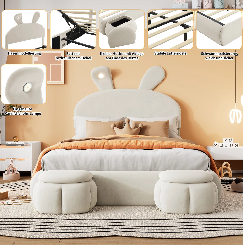 Letto imbottito con contenitore e LED, velluto beige, 140x200 cm
