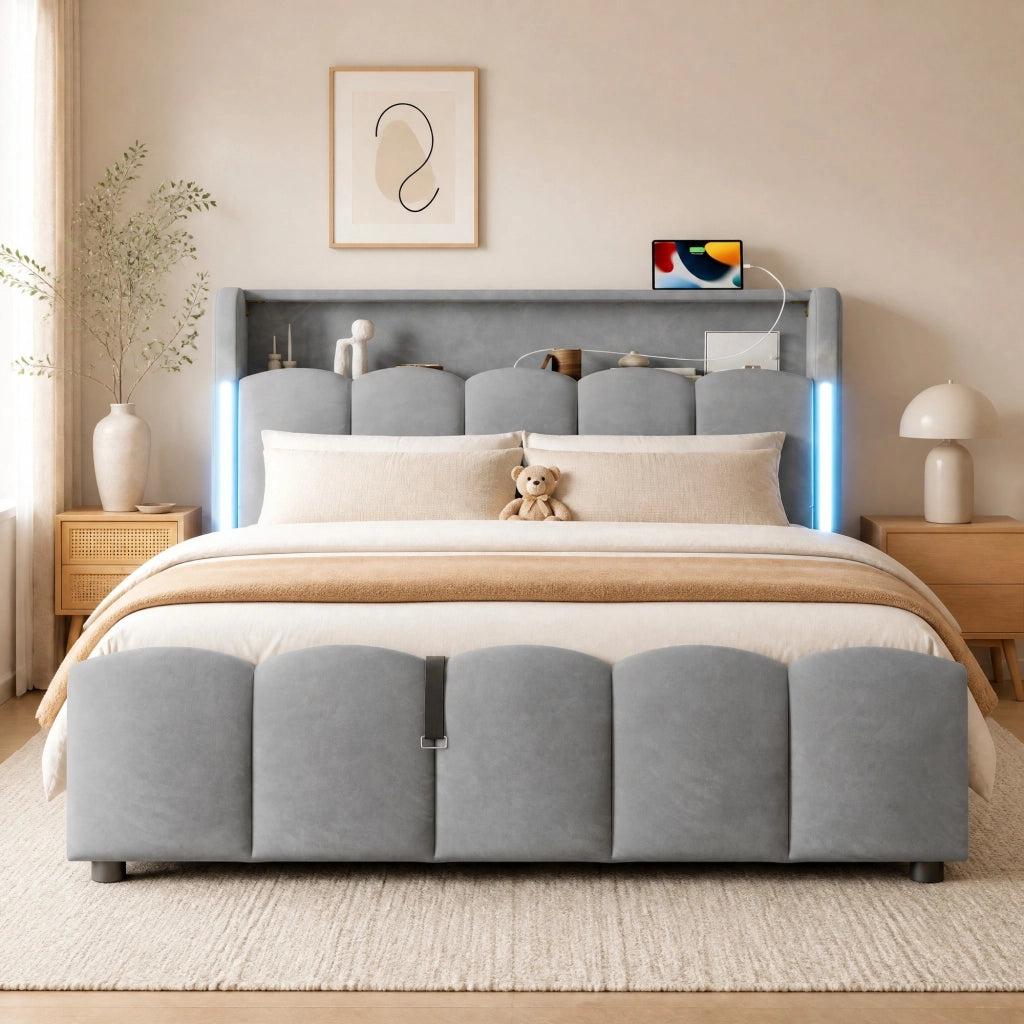 Letto matrimoniale imbottito 140x200 cm in velluto grigio con LED; contenitore e porte USB
