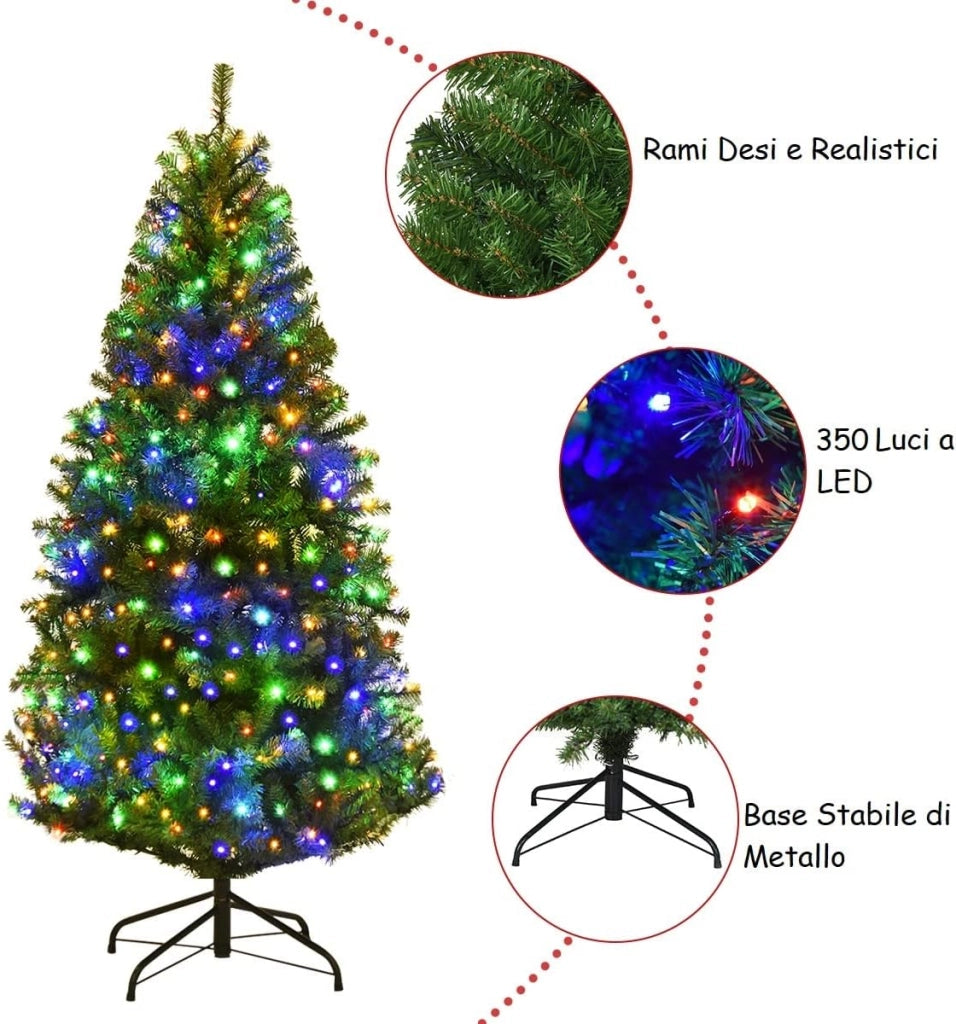 Albero di Natale 120/150/180/210 cm, Albero di Natale con Luci Incorporate 11 Modalità di Illuminazione, 300/600/1000/1570 Rami e Base in Metallo, Perfetta per Casa e Negozio (180cm)
