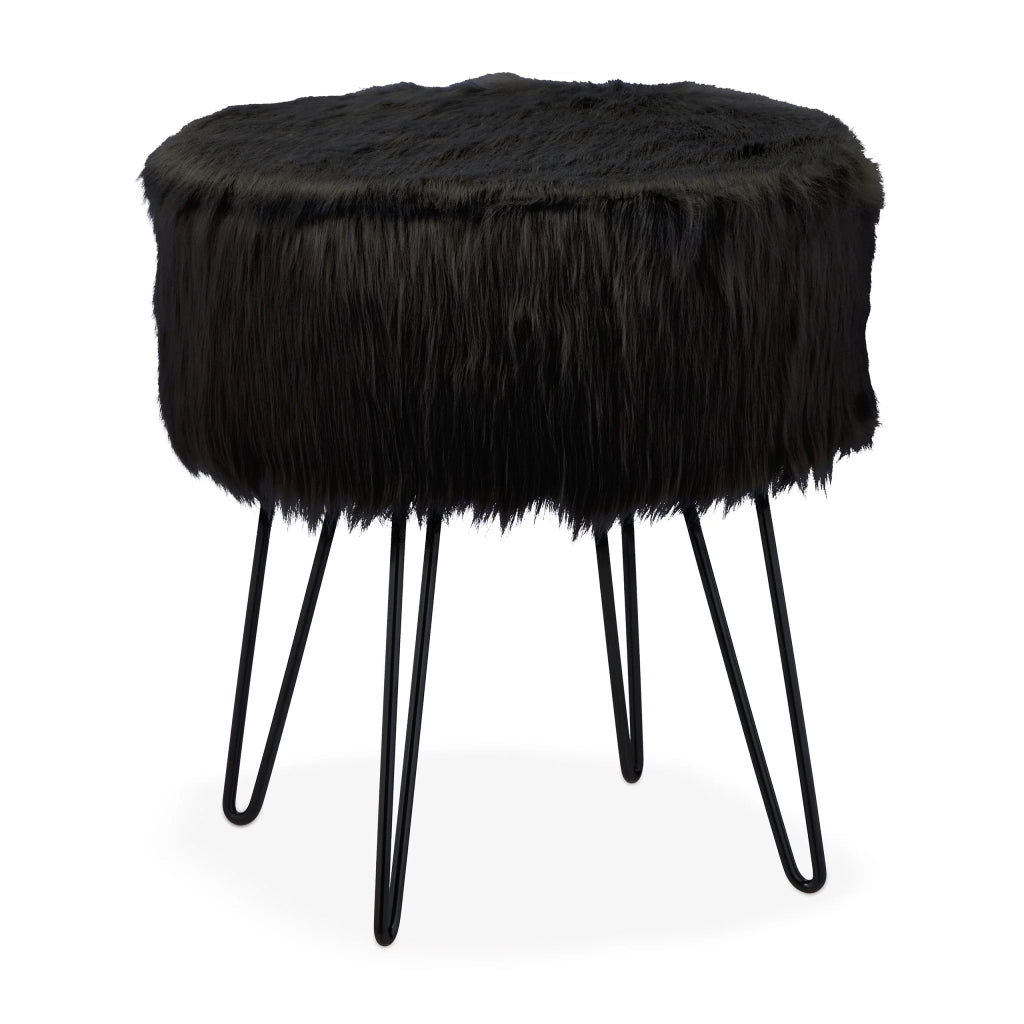Elegante sgabello da terra rotondo 40 x 40 x 45 cm comoda seduta in pelliccia sintetica nera 13_0012794