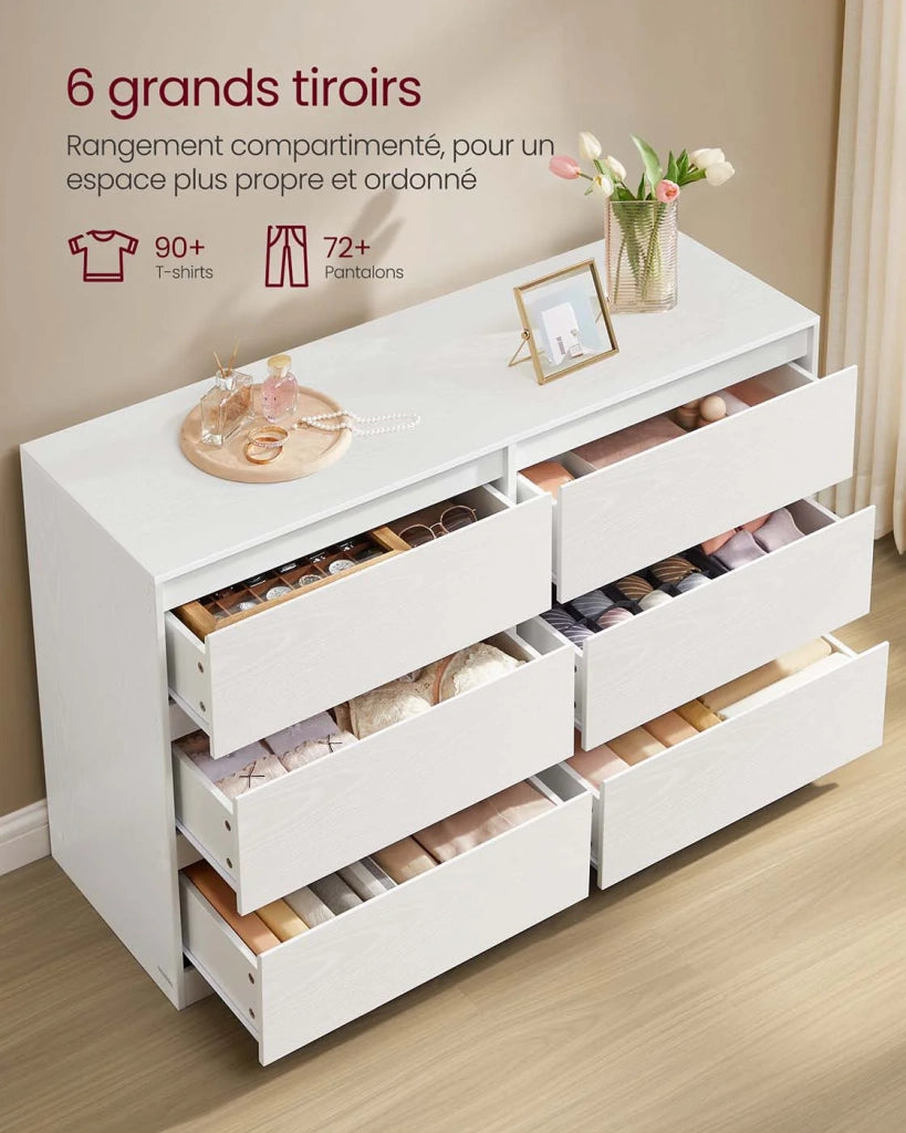 Cassettiera per camera da letto a 6 cassetti mobiletto portaoggetti appendiabiti 40 x 119,4 x 75 cm stile moderno bianco 12_0008005