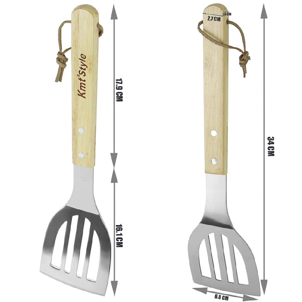 Trade Shop - Set 3 Attrezzi Griglia Barbecue Forchettone Pinza Spatola In Acciaio Manico Legno -
