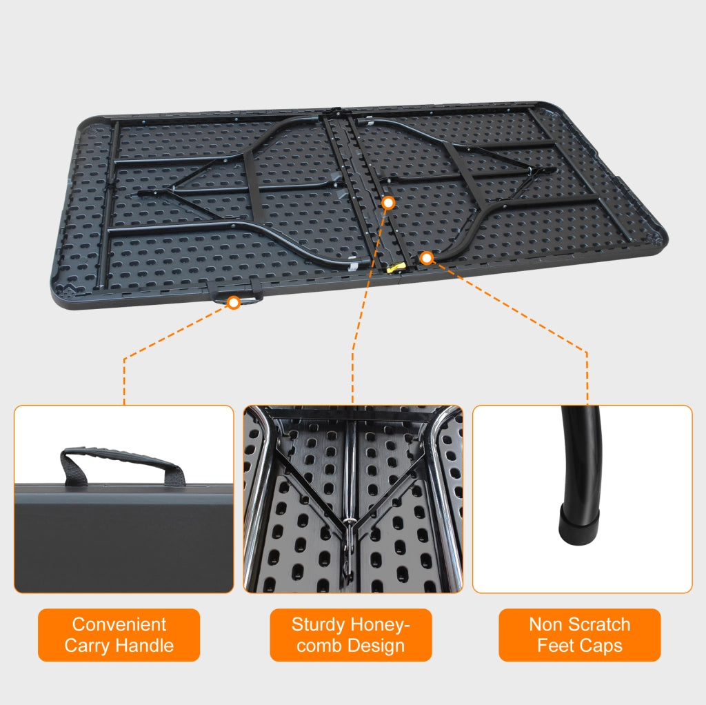 Tavolo pieghevole portatile 180 cm con maniglia; plastica e ferro; nero