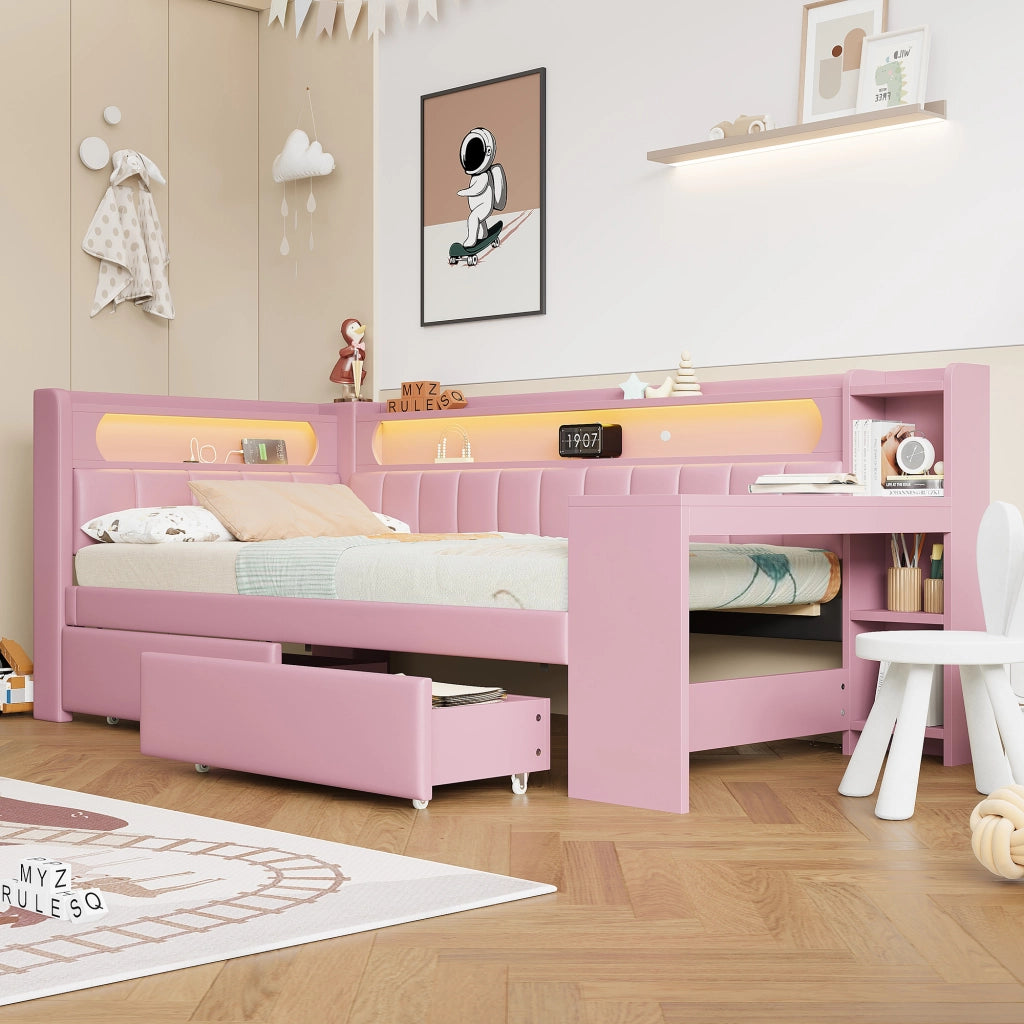 LETTO 90x200 cm imbottito Rosa con USB, LED, scrivania e 2 cassetti