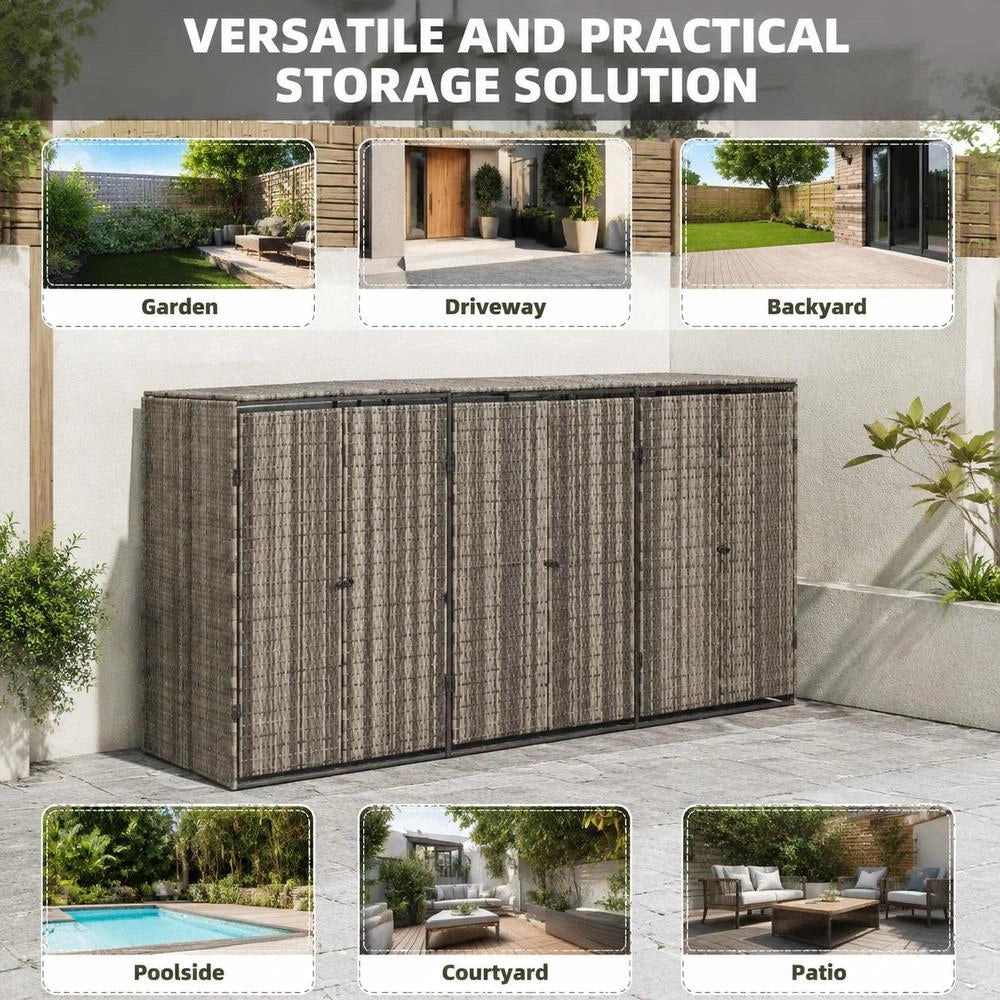 Bin Storage Unit For 3 Bins, Grey, 207x80x117 Cm, Poly Rattan