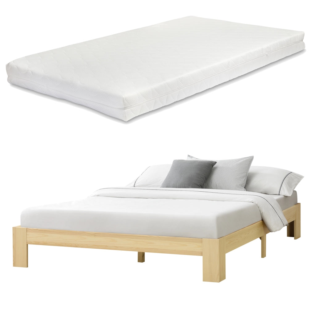 Letto in Legno di Pino con Materasso a Schiuma Fredda 140 x 200 cm Letto Francese in Design Minimal - Color Legno Naturale