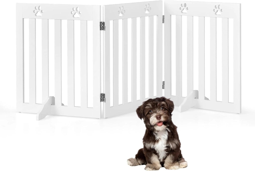 Cancelletto per Cani Pieghevoli 204 x 90 cm, Barriera per Cani in Legno a 4 Pannelli con Piedini Stabili, Recinzione per Scale, Ingressi e Corridoi (Bianco)