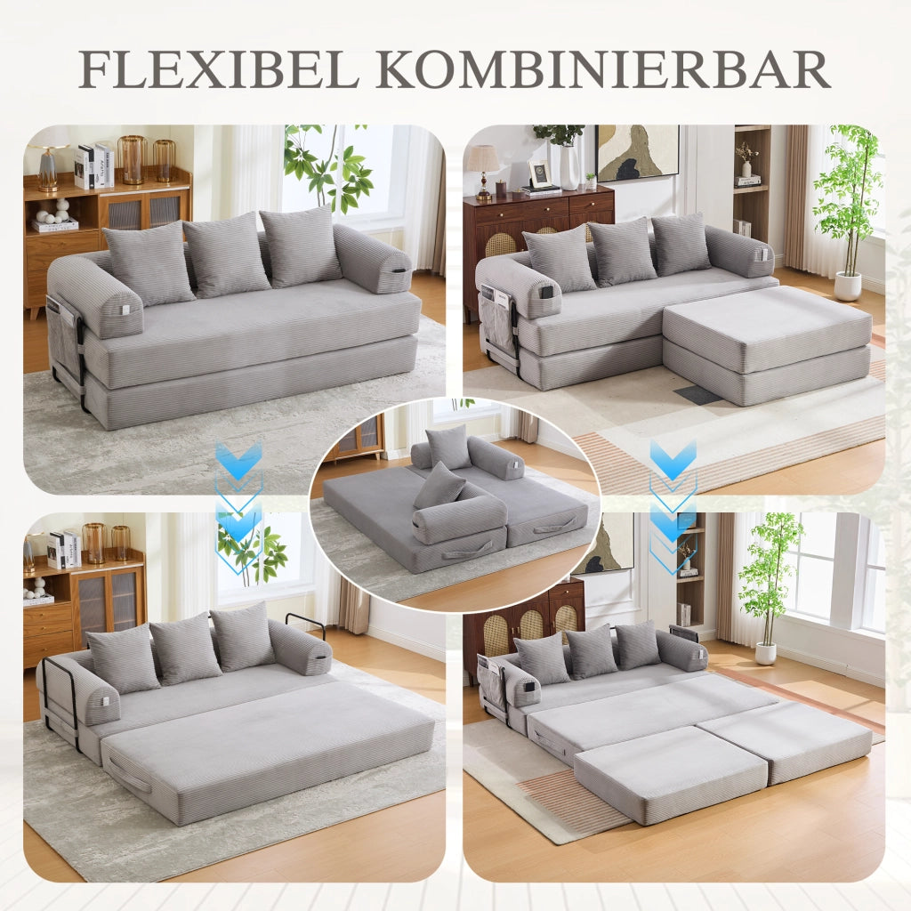 SOFA MODULARE in corduroy 200x190x67 cm Grigio Chiaro con 3 cuscini e poggiapiedi