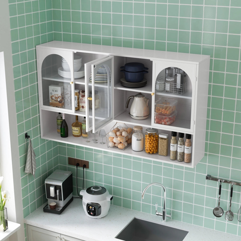 Mobile contenitore con 4 ante in vetro e metallo per cucina e soggiorno; 120×23×70 cm; bianco